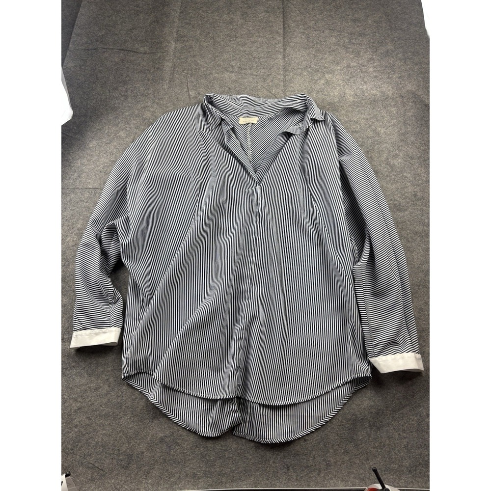 Melloday Women's L? White Navy Oversized Pinstriped Blouse Minimalist Classy
